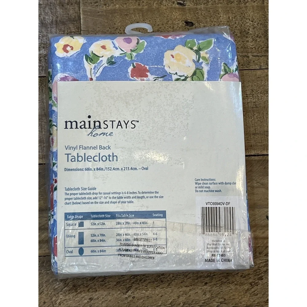 Mainstays Home Blue Floral Vinyl Flannel Back Tablecloth 60in X 84in NOS